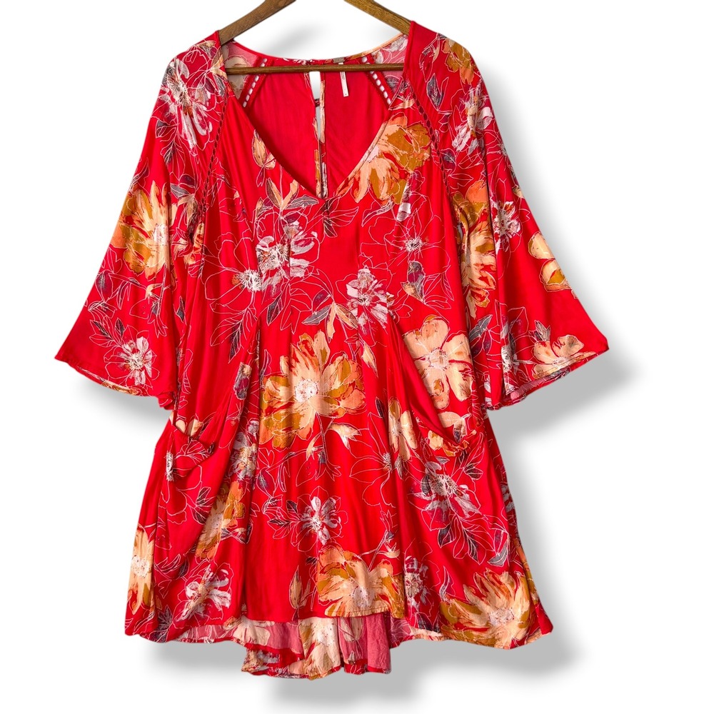 Free People Mini Dress 4 Coral Red Floral Boho Bell Sleeve Rayon Pockets Lined
